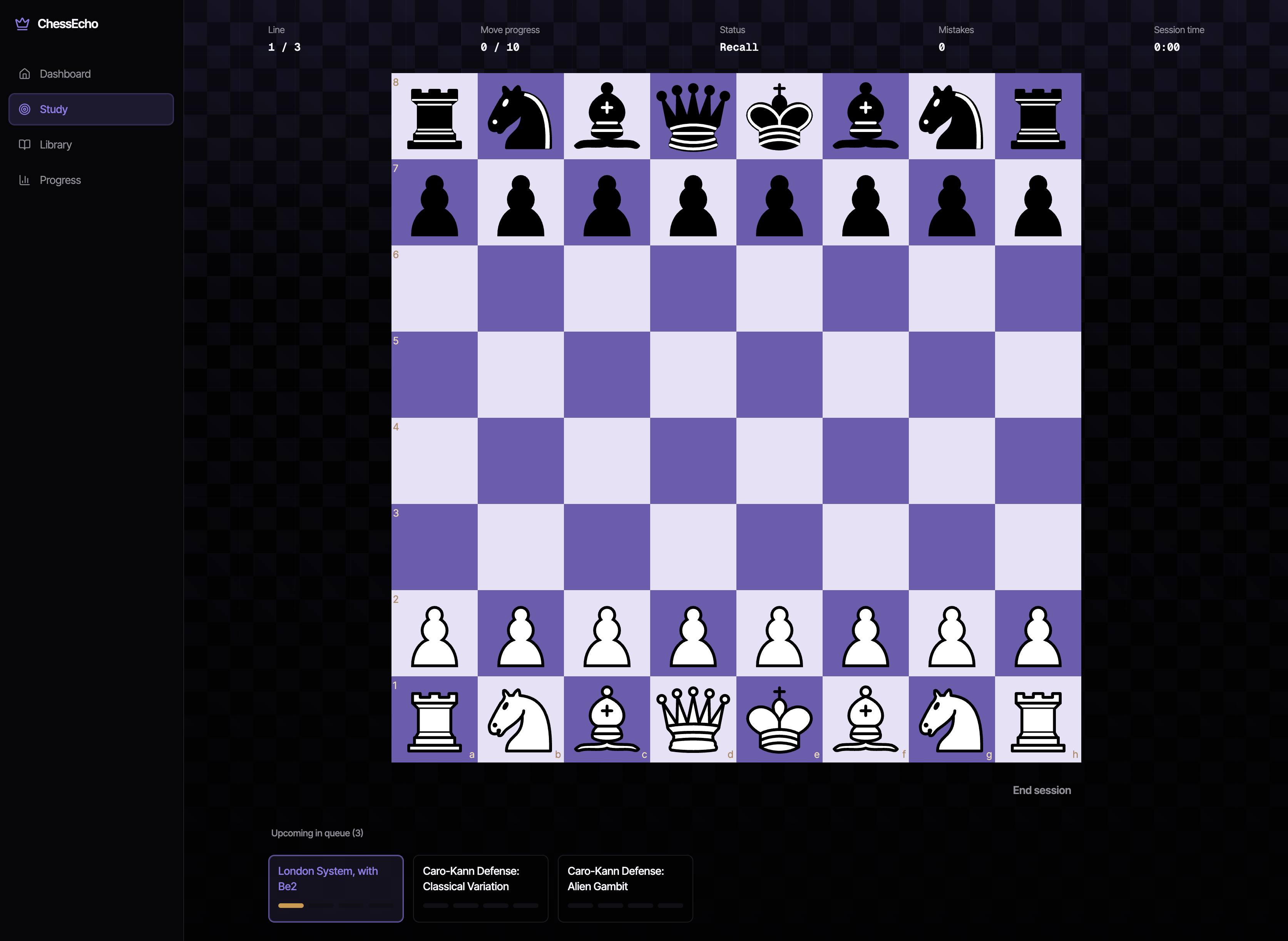 ChessEcho board drill session with a move progress bar and upcoming queue.